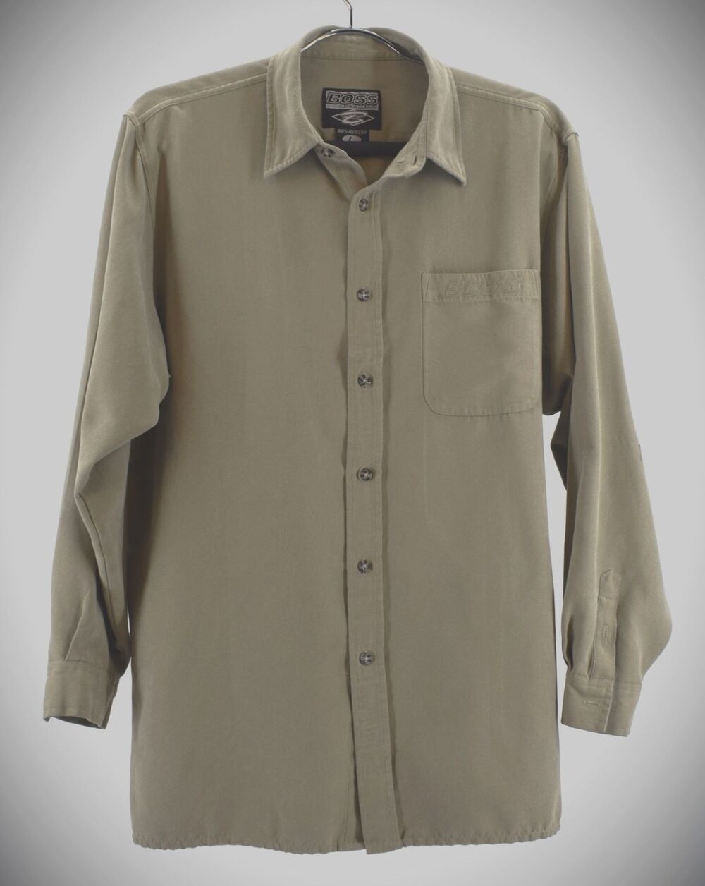 Vintage BOSS by M.G. Design Mens L Muted Olive Khaki Button Shirt Embroidered